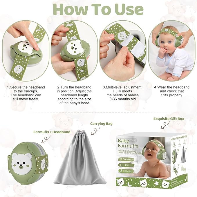 Baby Earmuffs-Infant Ear Protection for Babies 0-36 Months, 25dB NRR Baby Noise Cancelling Headphones with Little Bear Design,Baby Flight Essentials for Travel/Improves Sleep/Outdoor