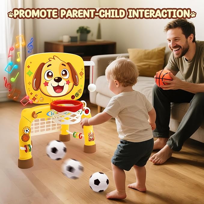 Toys for 1 Year Old Boy - Toddler Basketball Hoop & Soccer Goal & Baseball Activity Center with Light Sound Music, Puppy Montessori Sports Toy,Christmas Birthday Gift for Baby 12-18 Months,Dark Yellow