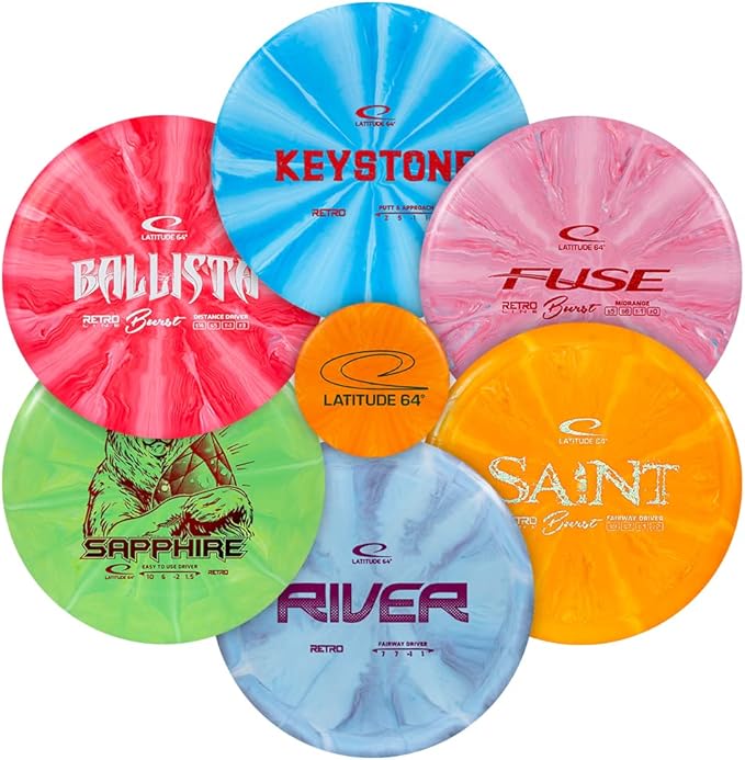 Latitude 64 Retro Burst Disc Golf Starter Set | Perfect Disc Golf Set for New to Intermediate Players | Includes Bonus Mini Marker | Grippy Base Plastic | Colors May Vary