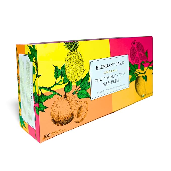 Elephant Park Premium Organic Fruit Green Tea Sampler, 100 Count Assorted Tea Bags, Caffeinated & Herbal Variety Pack Pineapple, Pomegranate, Mango, Peach Flavors