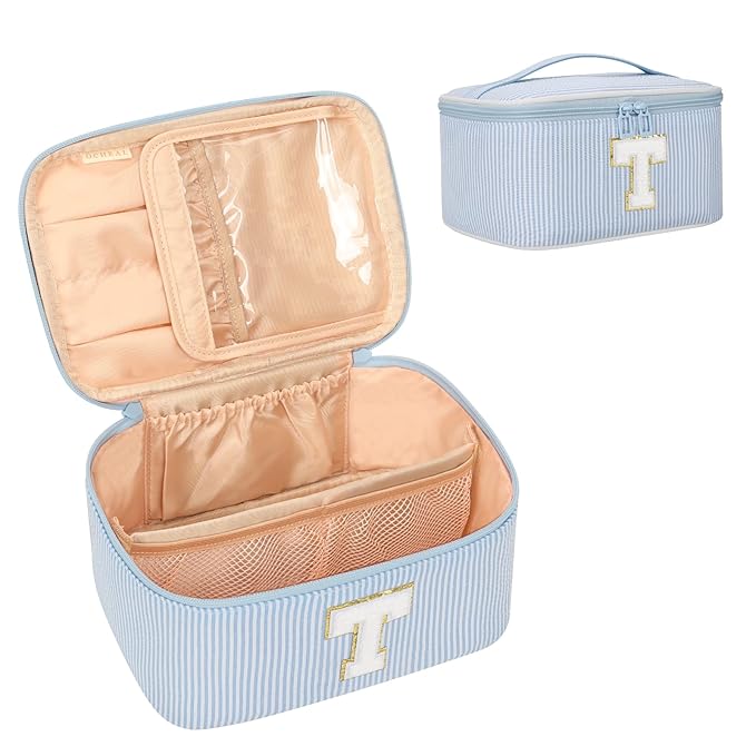 OCHEAL Makeup Bag Valentines Day Gifts for Women, Monogram Cosmetic Bag Blue Travel Makeup Case Beauty Toiletry Bag Organizer Personalized Gifts for Girls Bridesmaid, Sister, Wife, Friends Initial T
