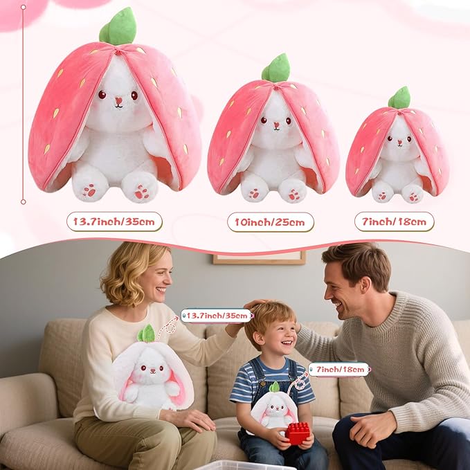 MIAODAM Easter Bunny Stuffed Animal, Carrot and Strawberry Bunny Plush Turn Into Rabbit Fruit Doll, Plushies Funny Bunny Toy for Baby (Strawberry Rabbit, 10inch)