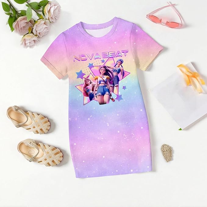 Girl's Anime K-POP Graphic Long Dress T-Shirt - Casual Loose Fit Short Sleeve Top
