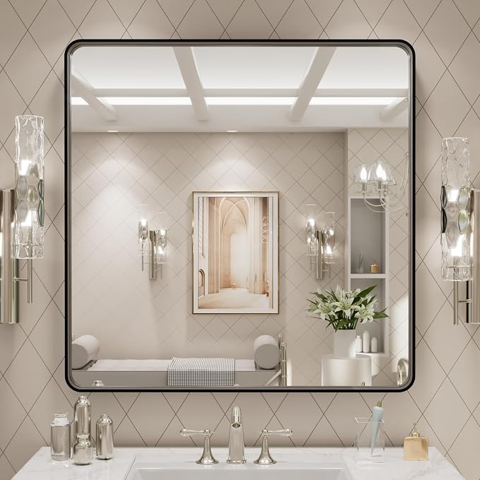 LOAAO 30x30 Inch Black Metal Framed Bathroom Mirror | Matte Black, Rounded Rectangle, Anti-Rust, Hangs Horizontally or Vertically