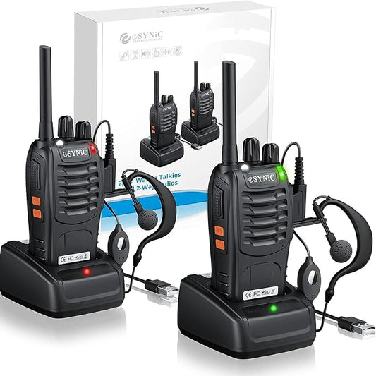 Walkie Talkies for Adults,eSynic 2Pcs Professional Walkie Talkies Rechargeable Long Range 2 Way Radio Handheld Portable Walkie Talkies Supports VOX&16 Channel with LED Light Original Earpieces etc
