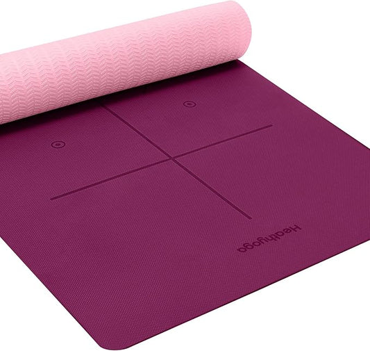 Heathyoga Yoga Mat Non Slip TPE Pilates Exercise Mats for Home Workout Gym Fitness Eco Friendly Thick Hot Yoga Mat with Strap Body Alignment,72"x 26" Thickness 1/4"