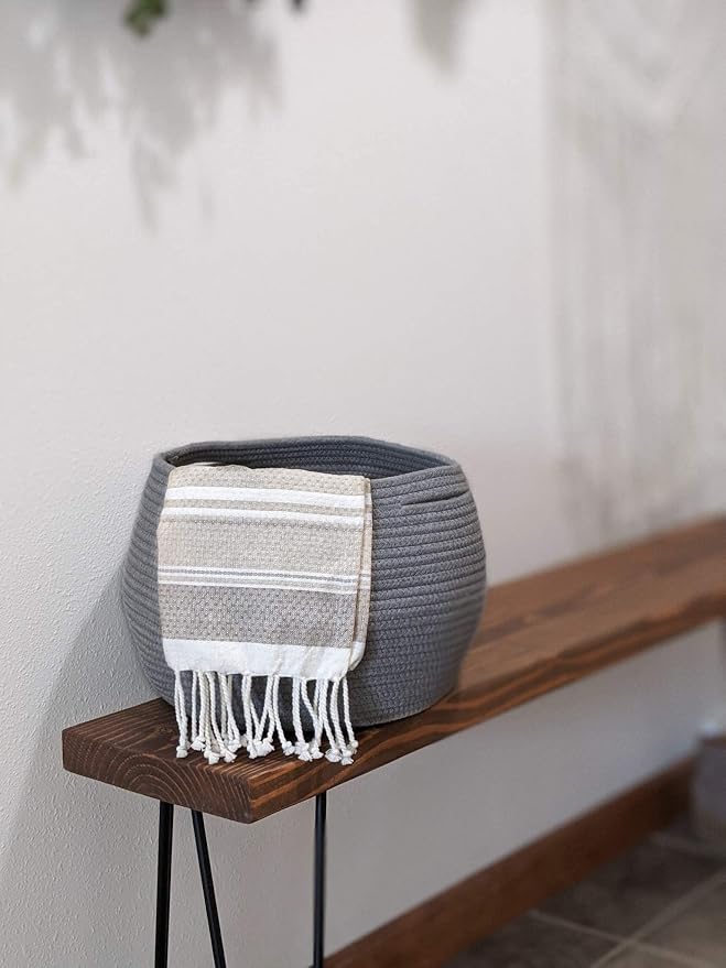 Goodpick Round Woven Storage Basket for Shelves, 12.5" x 8.3", Grey | Decotative Small Basket for Organizing Dog Cat Toys, Gift Basket Empty for Baby Shower, Plant Baskets, Living Room & Nursery