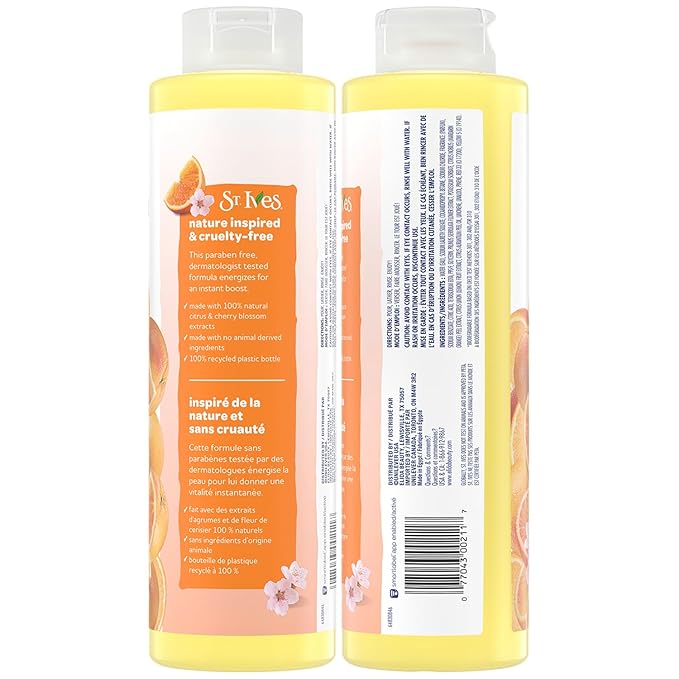 St. Ives Body Wash, Citrus & Cherry Blossom Energizing Shower Gel 2-Pack, 100% Natural Extracts, Cruelty-Free, 22 Oz Ea