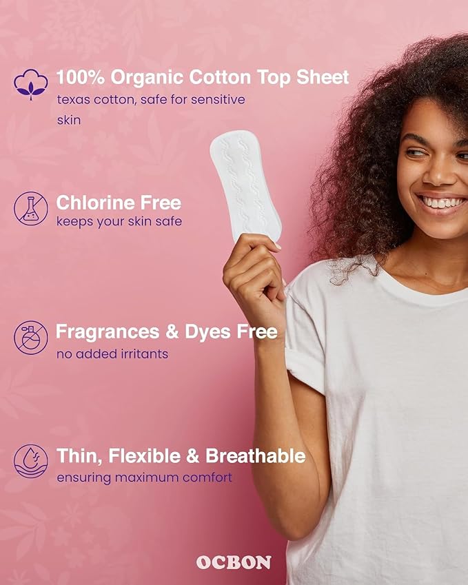 OCBON Ultra Thin Sanitary Pantyliners (Regular, 6.1 inch, 40 Counts) - Ultra Thin, Unscented 100% Organic Cotton Panty Liners for Women. Chemical-Free, Extra Soft, Ideal for Sensitive Skin