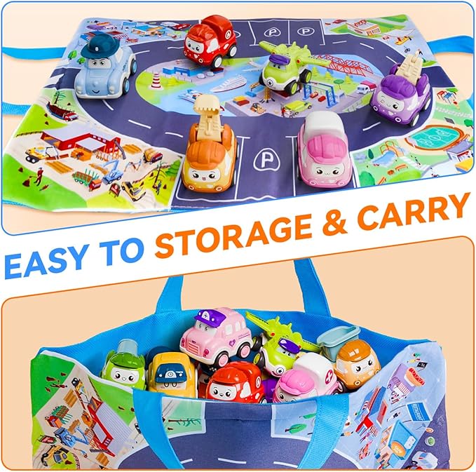 Mini Car Toys for 1 Year Old Boy Gifts, 12 Sets Pull-Back Trucks with Playmat for Toddlers Age 1-2, Baby Toys 12-18 Months, 1st Christmas Birthday Gifts for One Year Olds