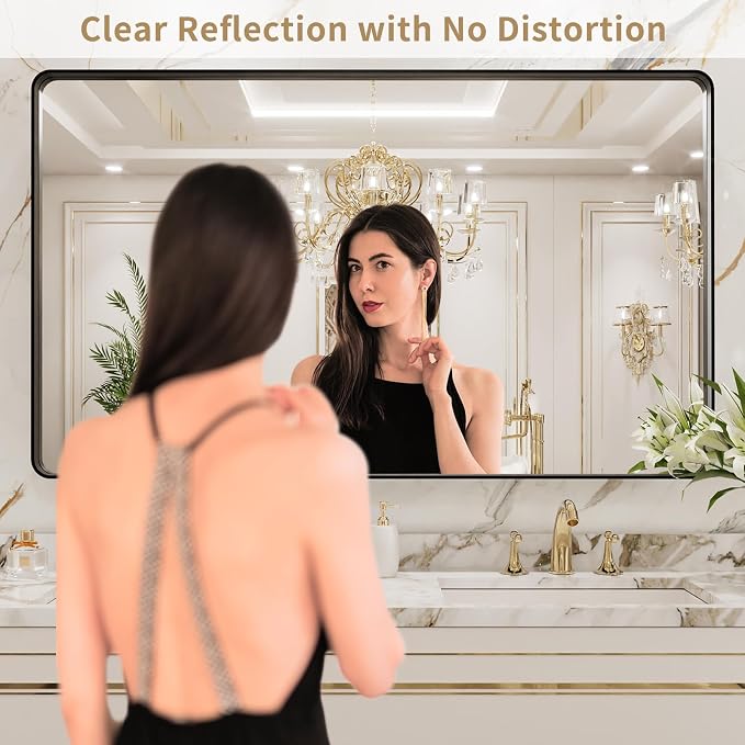 LOAAO 50X30 Inch Black Bathroom Mirror Metal Framed | Matte Black, Rounded Rectangle, Anti-Rust, Tempered Glass, Hangs Horizontally or Vertically