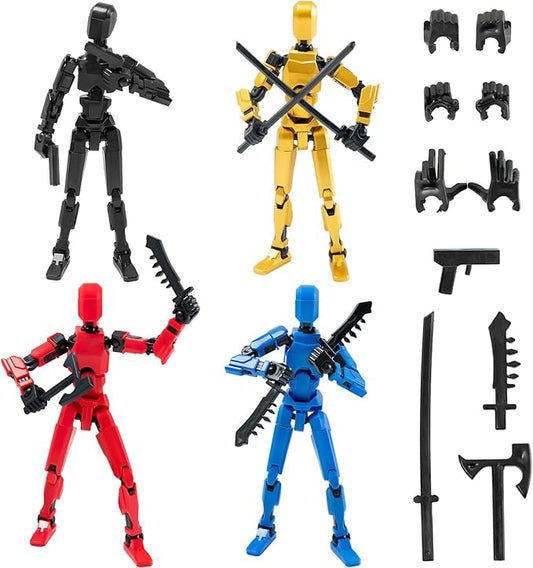 4PCS Titan 13 Action Figures Set Robot Fidget Toys for Kids, Lucky Dummy T Nova N 13 Action Stick Figure Sensory Toy for Boys, Multi Movable Joints Fidgets (Golden+Black+Red+Blue)