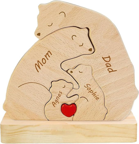 Personalized Wooden Bear Puzzle - Customizable with 2-8 Names, Home Decor Housewarming Gift Unique Wooden Animal Decoration