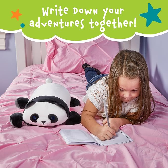 Cuddly Memory Foam Pillow Plush with Belly Pocket, Kids Pillow for Hugging Sleeping & Storing Diary, 15” Stuffed Animal & Journal Set - Booski The Panda