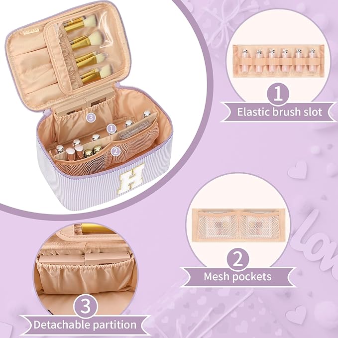 OCHEAL Makeup Bag Valentines Day Gifts for Women, Monogram Cosmetic Bag Purple Travel Makeup Case Beauty Toiletry Bag Organizer Personalized Gifts for Girls Bridesmaid, Sister, Wife, Friends Initial H