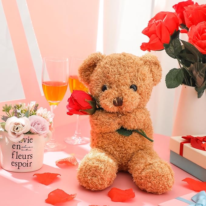 Civaner Bear Stuffed Animal Gift with Rose Funny Cute Bear Stuffed Animal Plush Gift for Mother Girlfriend Birthday Wedding, 11.8 Inches(Beige)