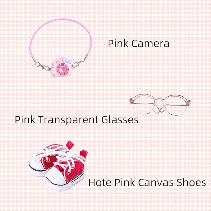 17cm Doll Designer Clothes Set, Labooboo Doll Outfit Set Accessories with Tshirt, Pink Overall, Pink Camera, Glasses, Shoes, Yellow Bucket Hat, Pink