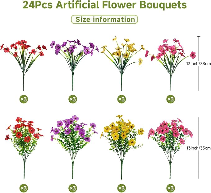 Alupssuc 24 Bundles Artificial Daisy Flowers UV Resistant for Outdoor Decor | Silk & Plastic, Spring Faux Plants Greenery, Bendable Stems, for Porch Patio Hanging Window Planter Yard Outside, 4 Colors