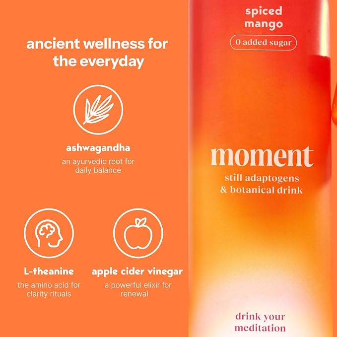 Moment Adaptogen Drink (Shark Tank) - Non Carbonated Botanical Tea - Calm, Clarity & Relaxation with L-Theanine & Ashwagandha - Non Alcoholic Drinks - 0 Sugar 0 Caffeine - 12 Pack 11.5 fl oz