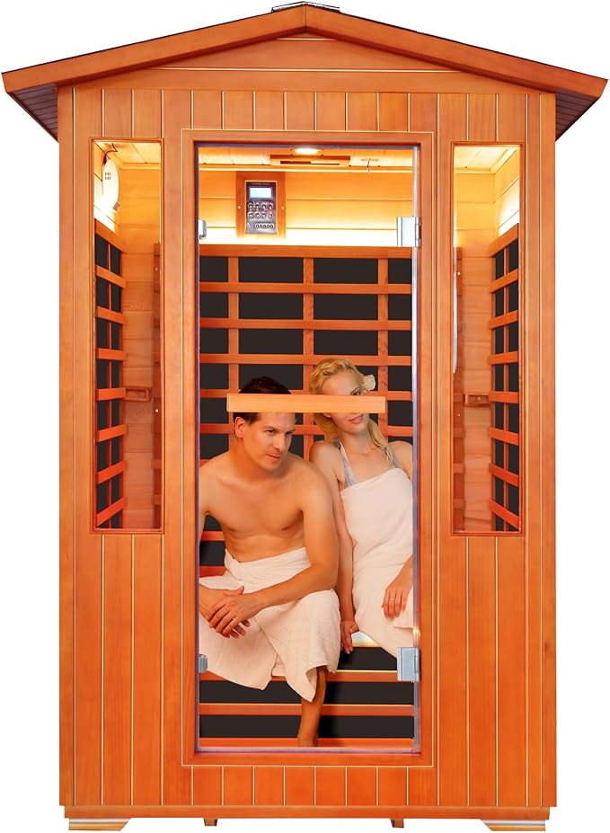 Outdoor Sauna 2 Person Sauna Infrared Saunas Dry Sauna Room 2080W/110V Low EMF Outer Board Red Cedar/Inner Board Fir Wood, Oxygen Bar, Speaker, LCD Control Screen, LED Lights - 48.8*38.2*81.9 in