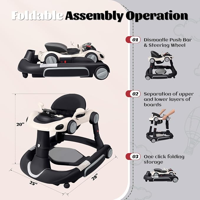 Baby Walker, 4-in-1 Baby Walker with Wheels Portable, Foldable Infant Toddler Walker for Boys Girls 6-18 Month,Removable Footrest,Car Steering Wheel & Music, Adjustable Push Walker Black