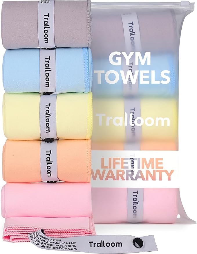 Trailoom Microfiber Workout Towels - Quick Dry, Highly Absorbing, Odor-Free, for Women & Men - Gym Sweat Sports Towel for Hot Yoga, Tennis, Running, Exercise, Working Out, Camping, Set of 5 Pastel