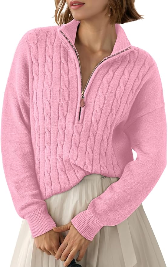 Dokotoo Women's Sweaters 2026 Fall Winter Quarter Zip Ribbed Cable Knit | Long Sleeve,Polo Neck,Lightweight Knit Pullover,Soft Comfy Tops,Casual Trendy Outfits,Fashion Clothing