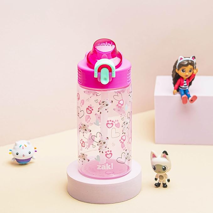Zak Designs DreamWorks Gabby's Dollhouse Sage Water Bottle For School or Travel, 16oz Durable Plastic Water Bottle With Straw, Handle, and Leak-Proof, Pop-Up Spout Cover (Pandy Paws)