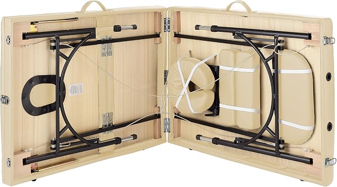 Saloniture Professional Portable Lightweight Tri-Fold Massage Table with Aluminum Legs - Includes Headrest, Face Cradle, Armrests and Carrying Case, Cream
