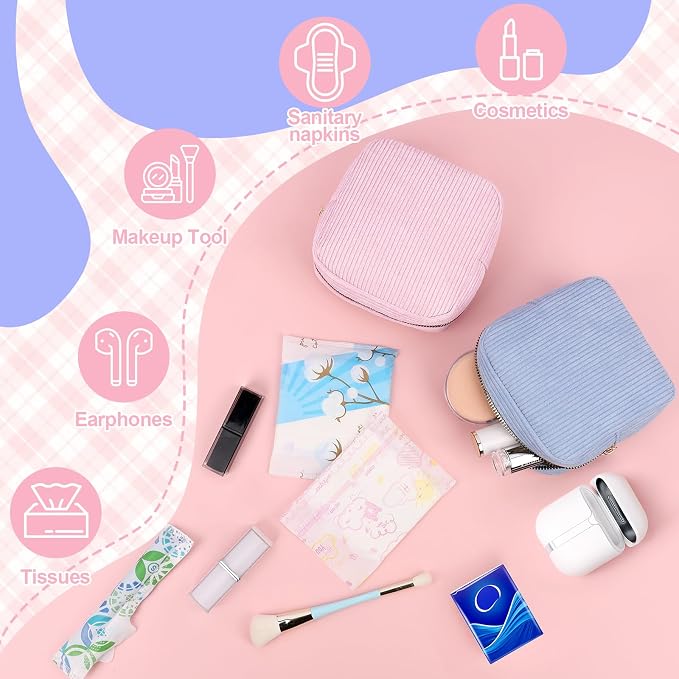 Corduroy Period Pouch with Strawberry Charm Small Discreet Sanitary Napkin Storage Bag Cute Menstrual Pad Pouch Tampon Bag for Purse Zipper Makeup Bags for Women Pink