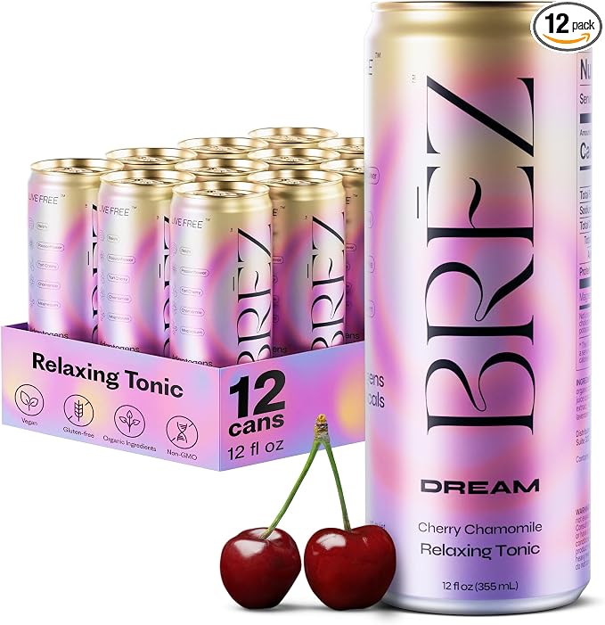 BRĒZ Dream Reishi Mushroom Drink, Non-Infused Relaxing Tonic with Reishi, Chamomile, Tart Cherry, Magnesium & L-Theanine, Vegan Adaptogen Drink for Sleep, Calm & Mood, 12 fl oz - 12 Pack