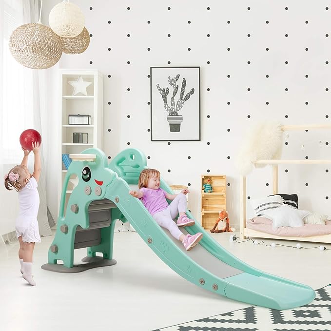 BABY JOY Toddler Slide, Kids Large Slide Play Climber Set with Long Slipping Slope, Basketball Hoop and Ball, Enclosed Steps, Easy Assemble Indoor Outdoor Backyard Freestanding Slides for Kids Age 1-8