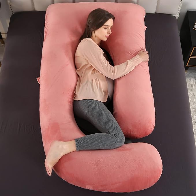 U-Shaped Full Body Pregnancy Pillow for Sleeping – 57" Maternity Pillow with Removable Cover, Support for Back, Legs, Belly & Hips (Velvet -Pink)