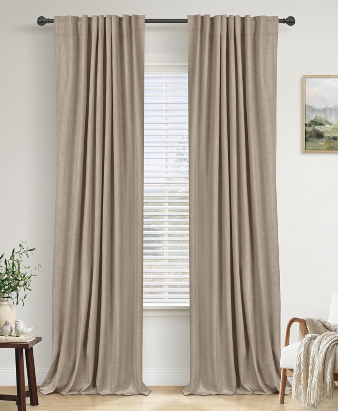 100% Blackout Shield Linen Blackout Curtains for Bedroom 90 Inches Long, Back Tab/Rod Pocket Living Room Drapes, Thermal Insulated Blackout Curtains 2 Panels Set, 50" W x 90" L,Burlywood Birch
