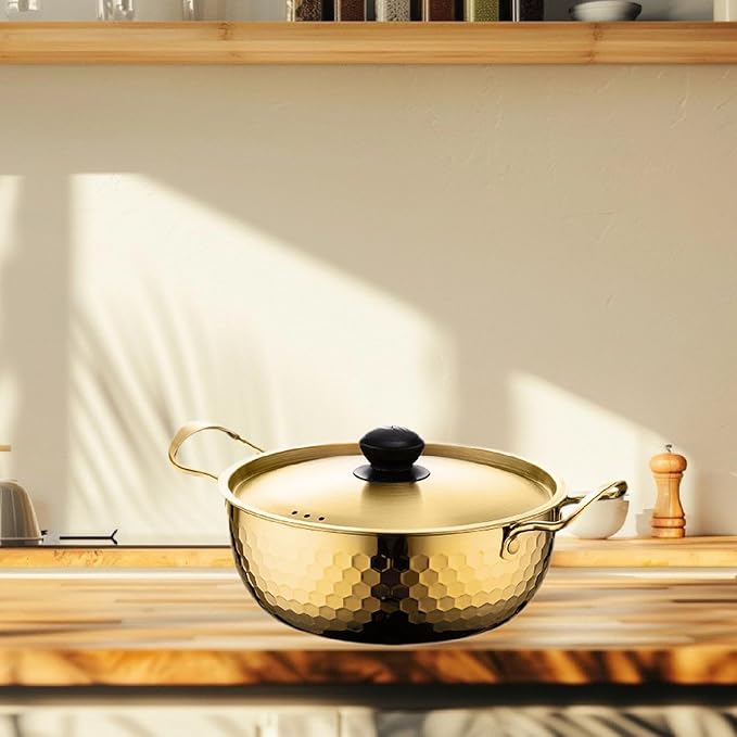 Korea Ramen Pot Stockpot Practical Stainless Steel with Lid Soup Pot Saucepan for Backyard Parties Hiking Picnic Pasta Curry, 22cm Gold