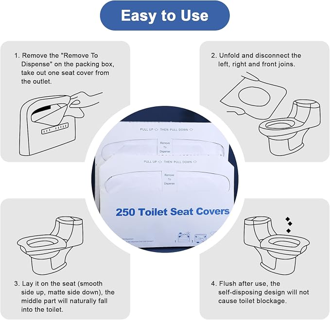 Toilet Seat Covers Disposable, 250 Pcs Flushable Disposable Toilet Seat Covers, Half-Fold Paper Toilet Liners for Travel, Airplane, Public Restrooms, Road Trips, Camping, Potty Training