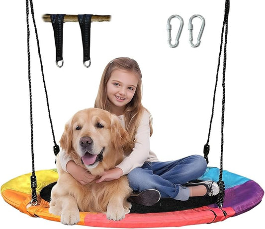 40 Inch Saucer Tree Swing for Kids & Adults – Large Round Disc Swing, 700 lb Weight Capacity with Hanging Straps & Adjustable Ropes for Playground, Backyard & Swingset (Rainbow)