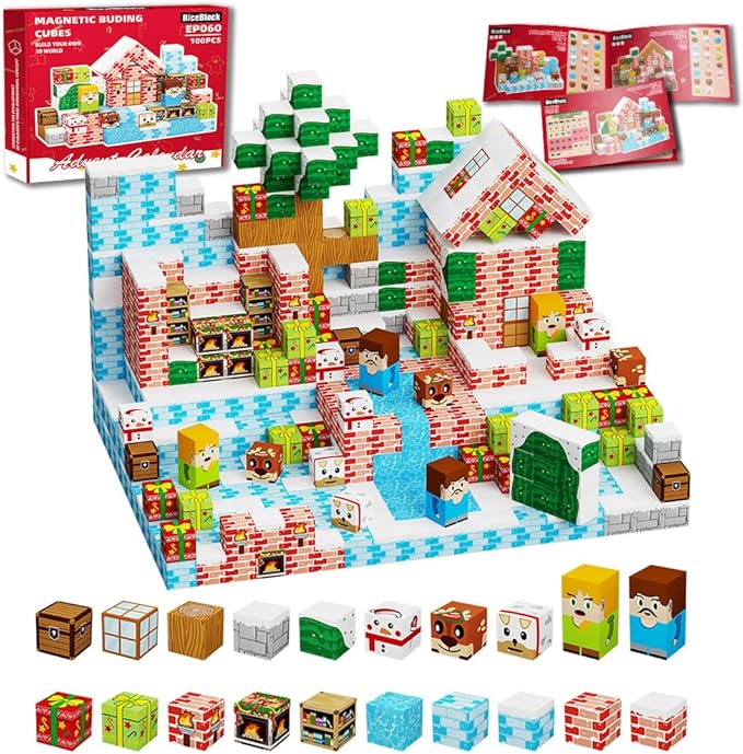 RiceBlock 100PCS Magnetic Blocks Toys for Kids, Advent Calendar 2025-14 Days Countdown Christmas, Science Learning Toys,Magnetic Cubes Building Blocks Toys for New Year