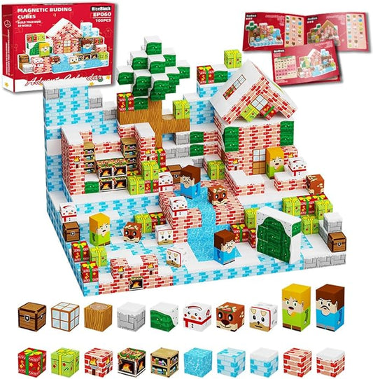 RiceBlock 100PCS Magnetic Blocks Toys for Kids, Advent Calendar 2025-14 Days Countdown Christmas, Science Learning Toys,Magnetic Cubes Building Blocks Toys for New Year
