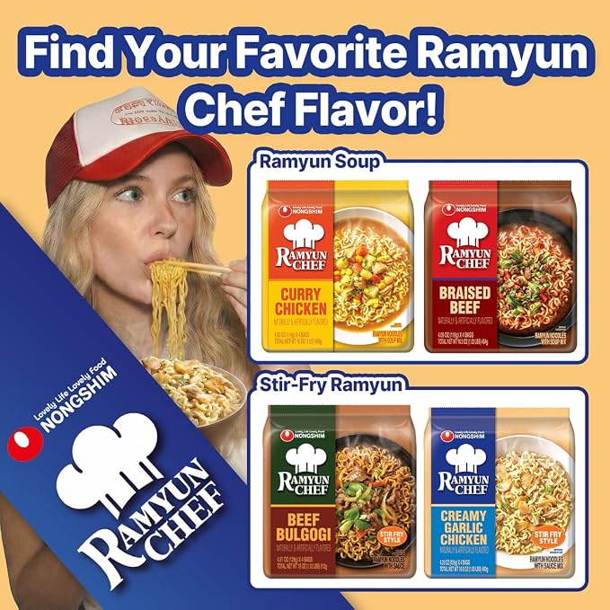 Nongshim Ramyun Chef, Stir Fry Style Instant Ramyun Noodles with Sauce Mix, Garlic Chicken, 4.23 Oz (Pack of 4)