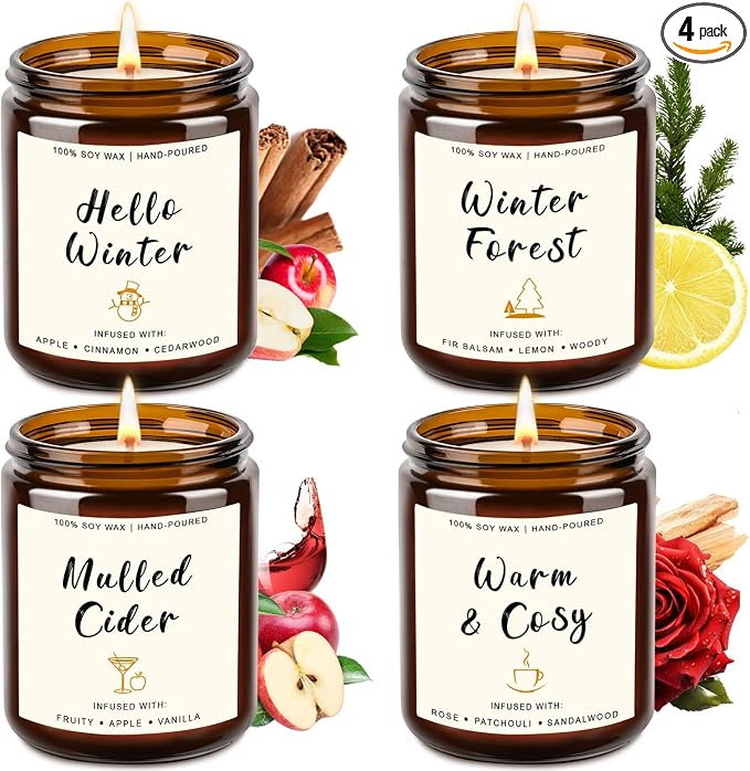 Scented Candle Gift Set for Women – 4 Pack Soy Candles Non Toxic | Scented Candles with Apple Cinnamon, Fir Balsam, Mulled Cider, Sandalwood – Holiday Candles Gift for Home Décor & Cozy Nights
