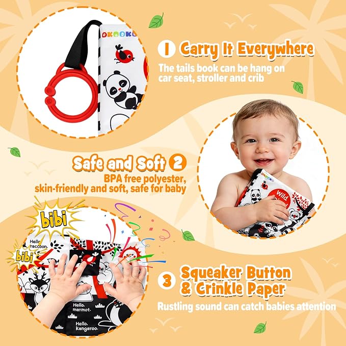 OKOOKO Soft Baby Book Black and White High Contrast Animals Tails Book Bath Toy Montessori Sensory Stroller Toy Non-Toxic Crinkle Washable Early Education for Baby Infant Toddler