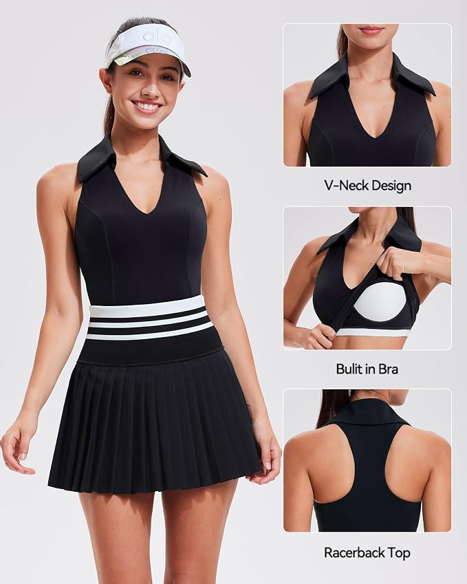 Women 2 Piece Tennis Skirt Set Polo Golf Outfits Racerback Tank Top Pleated Skort with Pockets Summer Workout Athletic Dress