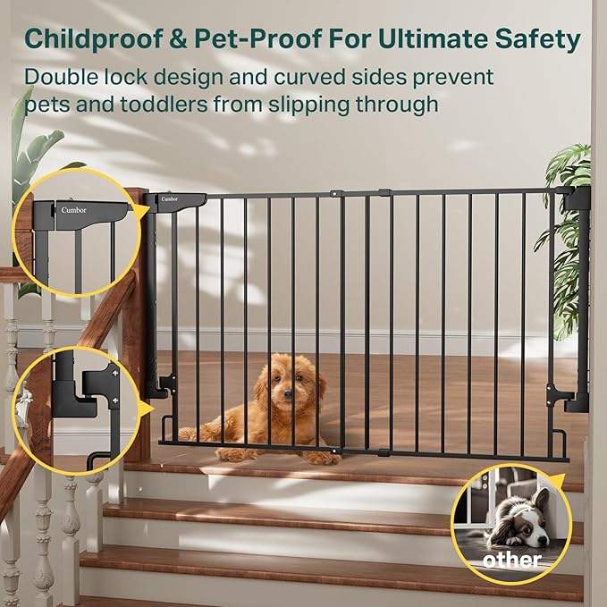 Cumbor Expandable 31.6-48" Baby Gate for Stairs, Hardware Mounted, 2-in-1 No Bottom Bar Dog Gate Indoor, Pet Gate for Doorways with Large Walk Thru Door, Child-Proof Safety Gate for Kids (Black)