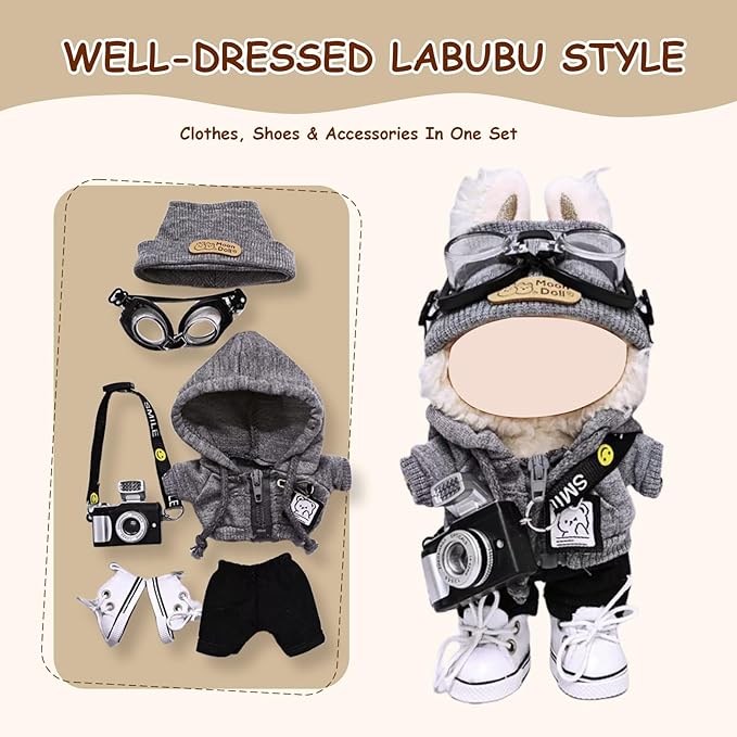 17cm Doll Clothes Set (6-Pcs Outfit), Stylish Clothing for Bunny Doll with Top, Pants, Shoes & Accessories, Just Clothes