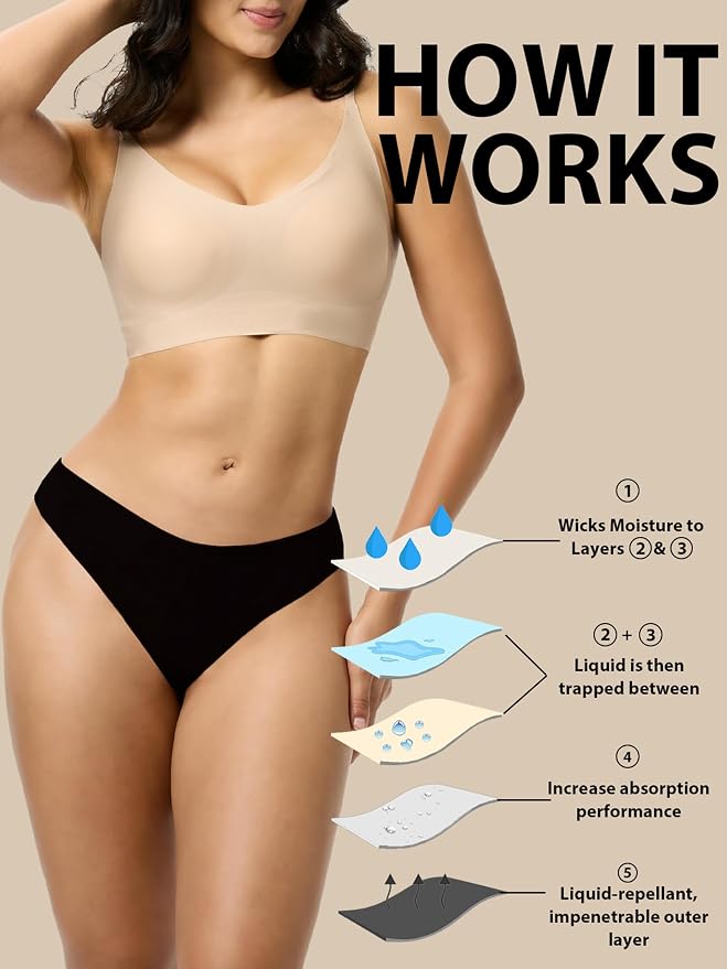 Seamless Thong Period Underwear for Women Teens Light Flow Moisture Wicking Side Leak Prevention Panties 3 Pack
