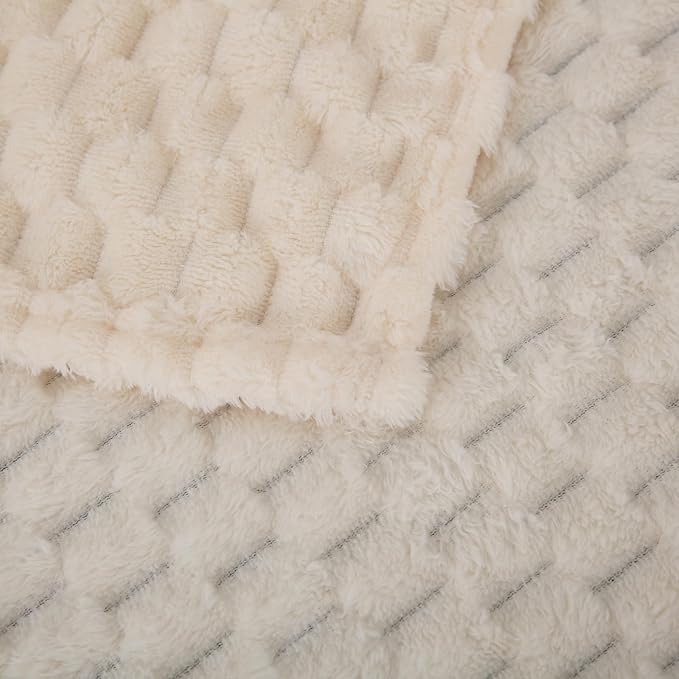 Cream White Throw Blanket 50"×60" inches Fuzzy 3D Jacquard Decorative | Flannel Fleece Super Soft Plush Cozy Blanket for Couch Sofa Chair Lightweight