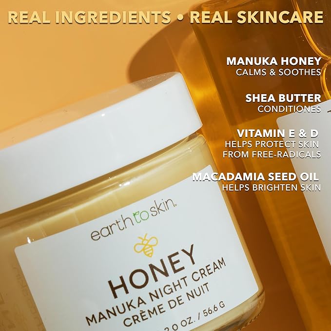 Earth To Skin Manuka Honey Night Cream - Face Moisturizer for Dry and Sensitive Skin with Shea Butter Macadamia Oil and Glycerin - Calming Overnight Hydration - Nourishing Care 2.0 fl oz
