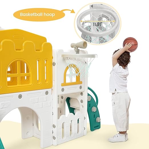 8-in-1 Toddler Slide & Climber Playset for Kids 1-3 Years, Indoor Outdoor Activity Center with Basketball Hoop, Tunnel, Telescope, Steering Wheel & Storage, Safe HDPE Backyard Fun House