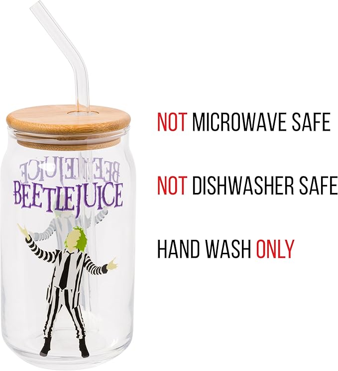 Silver Buffalo Tim Burton Beetlejuice Glass Jar Tumbler with Bamboo Lid and Glass Straw, 16 Ounces